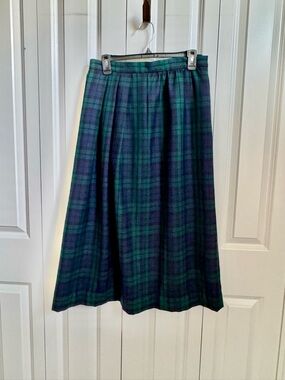 Lands' End Green and Navy Tartan Plaid Wool Midi Skirt